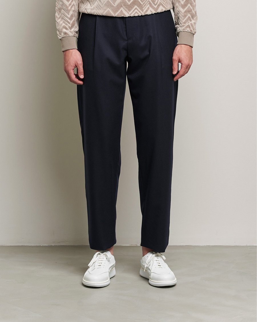 Mies | Flanellihousut | Giorgio Armani | Tapered Pleated Flannel Trousers Navy
