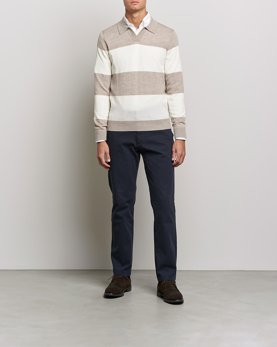 Mies | Puserot | Morris | Delon Merino Knitted Polo Shirt Beige/White