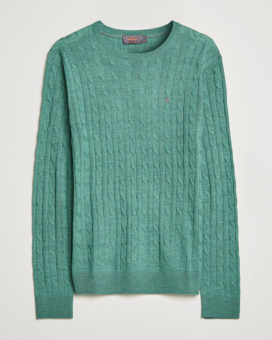 Mies | Puserot | Morris | Merino Cable Crew Neck Pullover Mineral Green