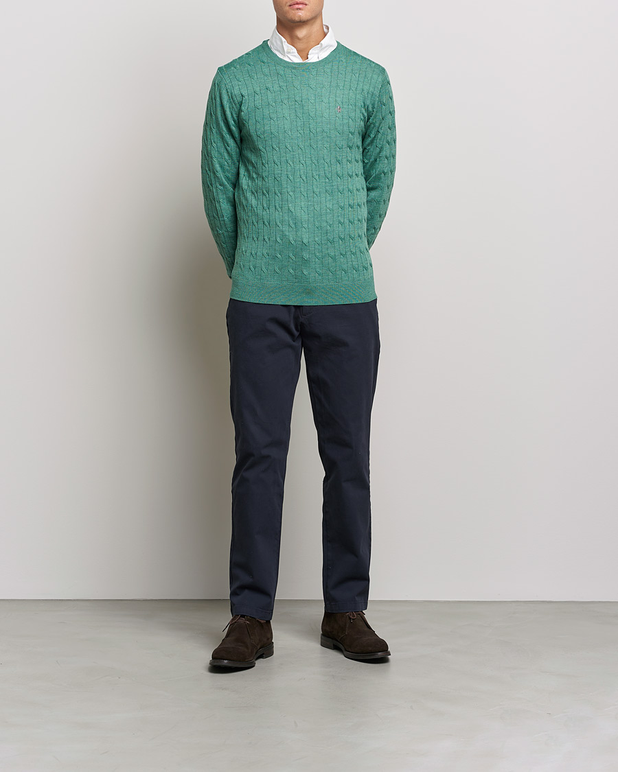 Mies | Puserot | Morris | Merino Cable Crew Neck Pullover Mineral Green