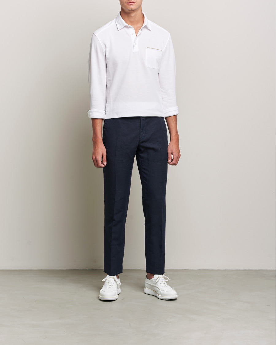 Mies | Puserot | Zegna | Long Sleeve Cotton Piquet Polo White