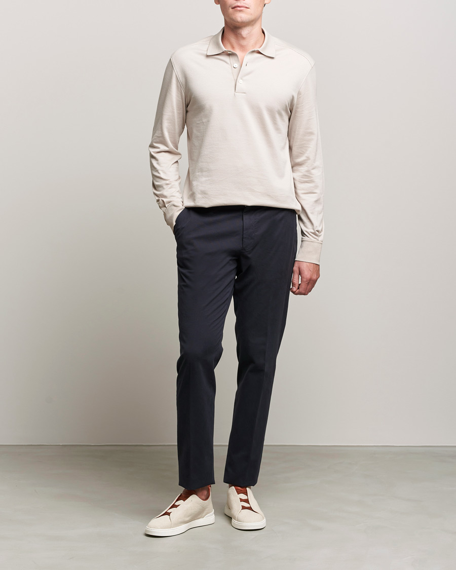 Mies | Puserot | Zegna | Cotton/Silk Long Sleeve Polo Beige