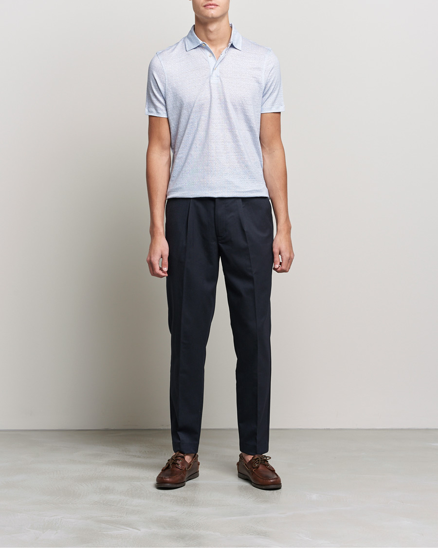 Mies | Pikeet | Stenströms | Printed Linen Poloshirt Light Blue