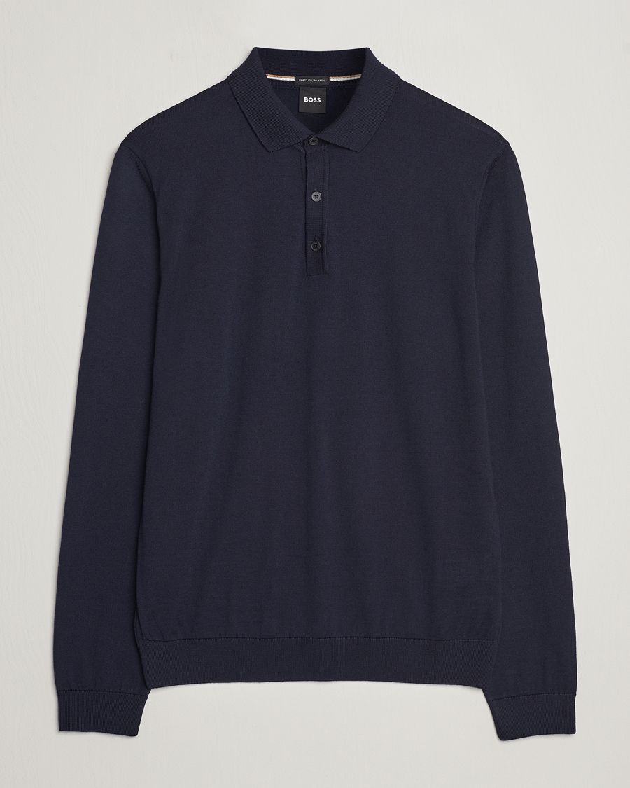 Mies | Puserot | BOSS BLACK | Lancione Merino Knitted Polo Dark Blue
