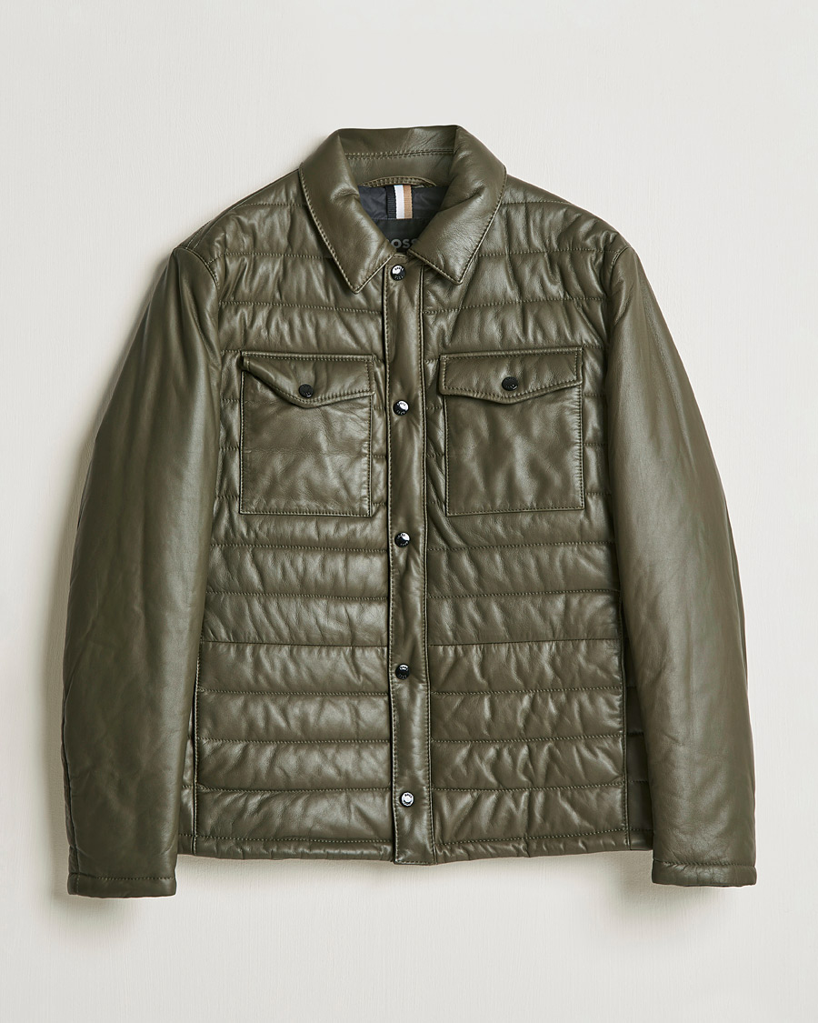 Miehet | Nahkatakit | BOSS | Milted Padded Leather Jacket Open Green