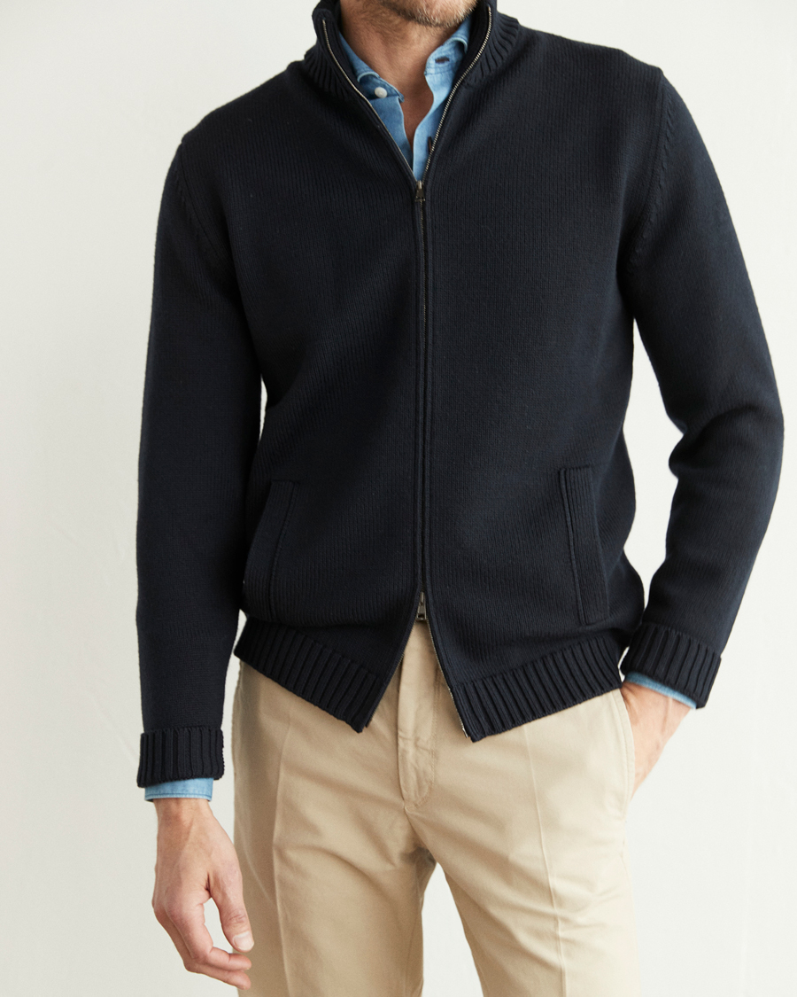 Mies | Puserot | Zanone | Virgin Merino Wool Zip Cardigan Navy
