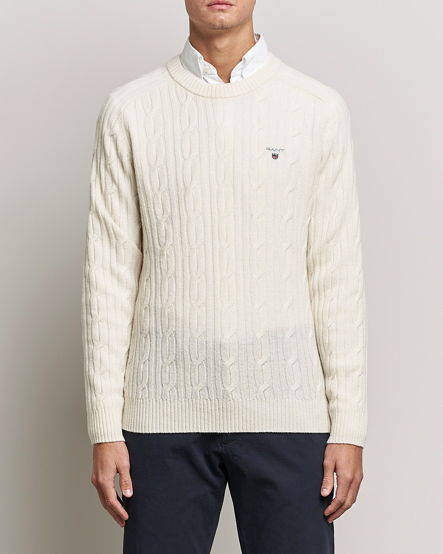 Mies | Puserot | GANT | Lambswool Cable Crew Neck Pullover Cream