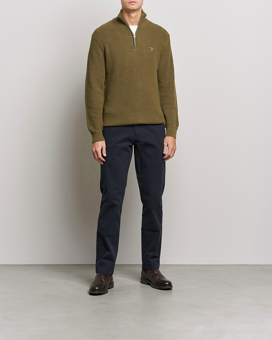 Mies | Puserot | GANT | Cotton/Wool Ribbed Half Zip Sweater Army Green