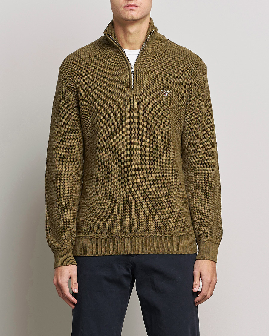 Mies | Preppy Authentic | GANT | Cotton/Wool Ribbed Half Zip Sweater Army Green