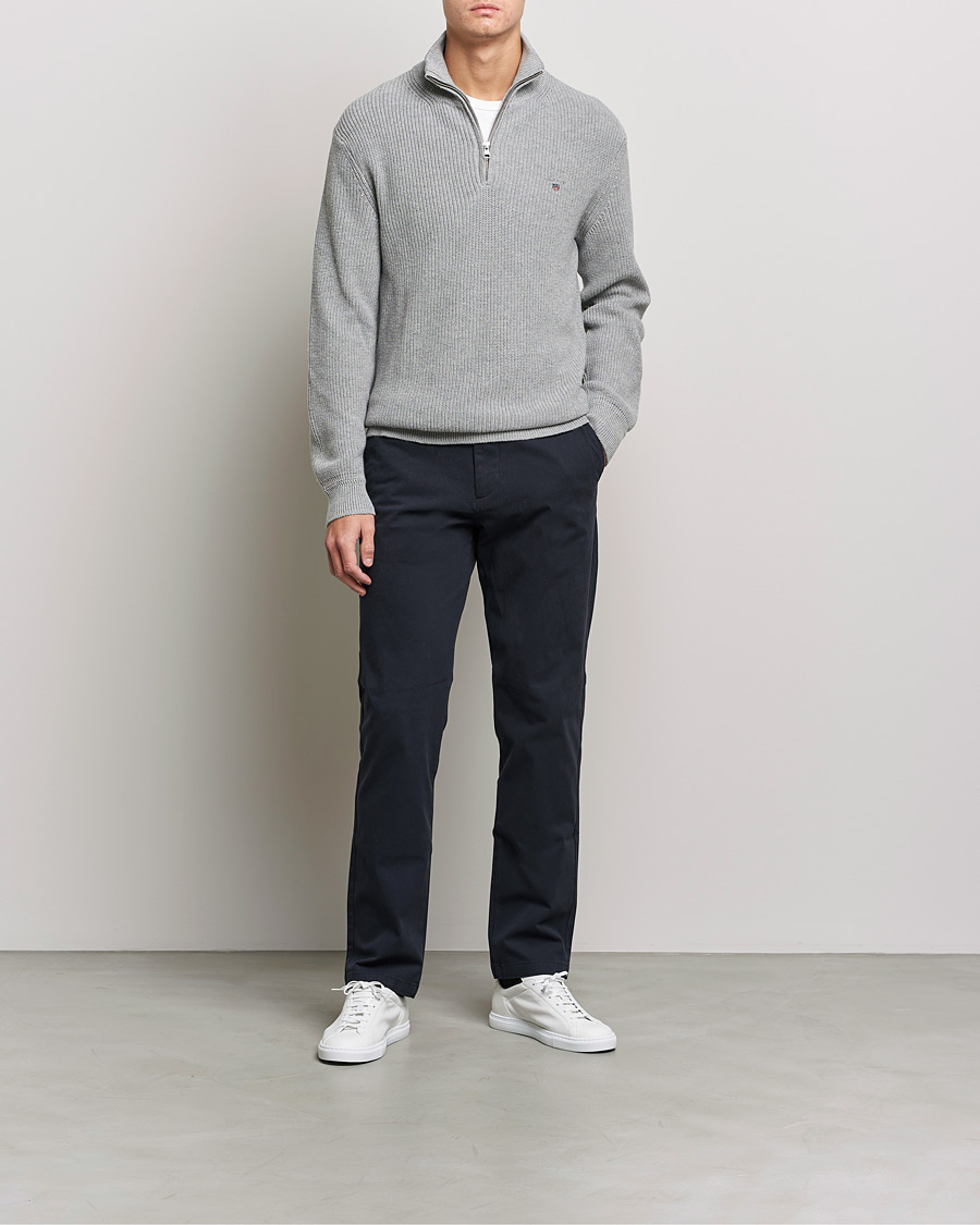 Mies | Puserot | GANT | Cotton/Wool Ribbed Half Zip Sweater Grey Melange