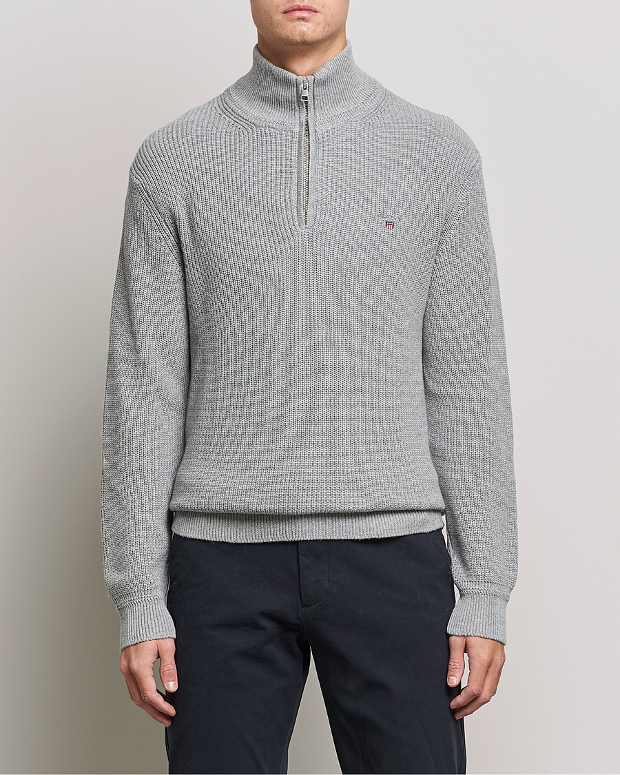 Mies | Puserot | GANT | Cotton/Wool Ribbed Half Zip Sweater Grey Melange