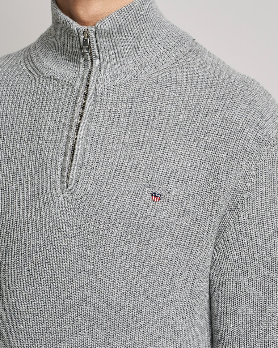 Mies | Puserot | GANT | Cotton/Wool Ribbed Half Zip Sweater Grey Melange