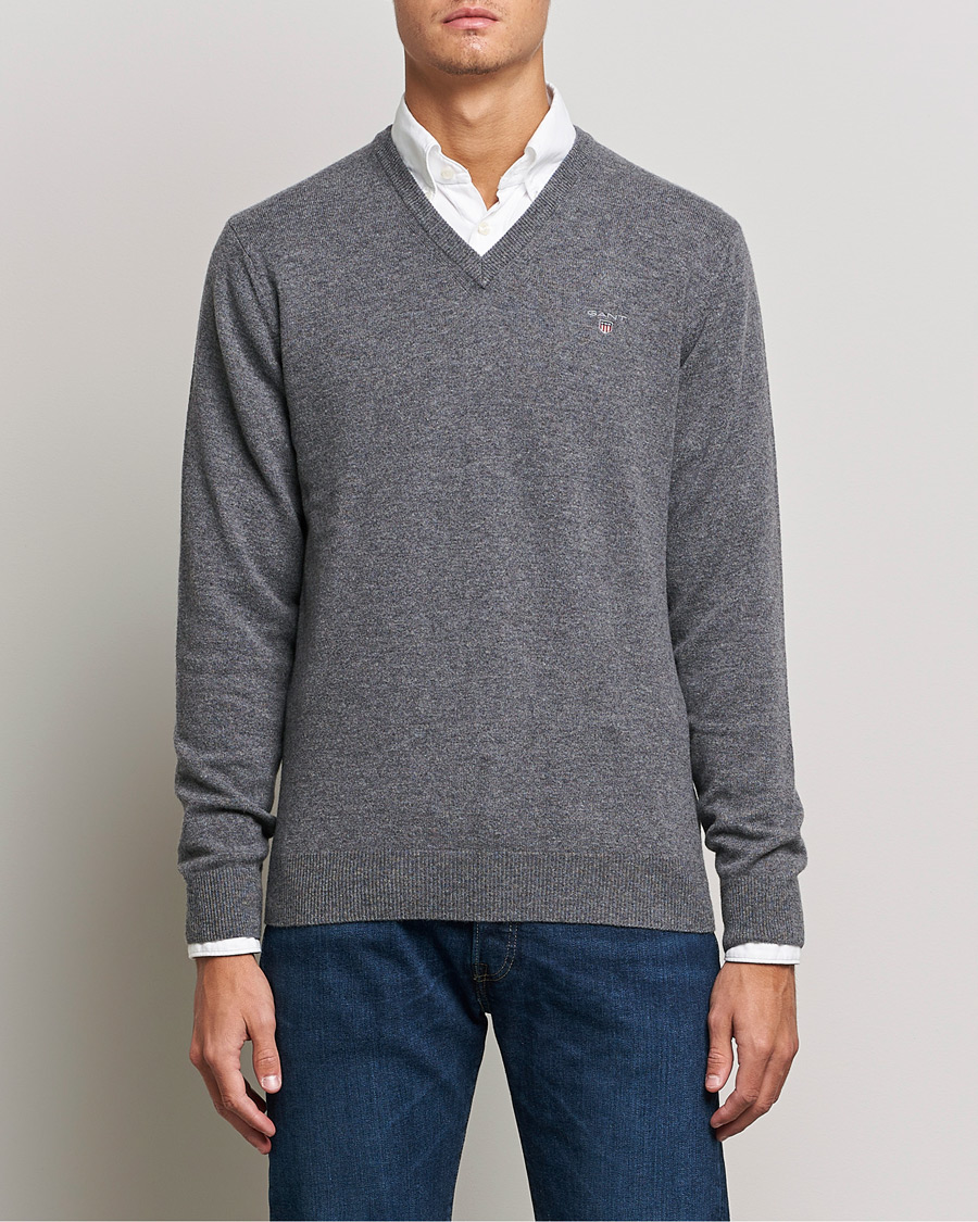 Mies | Puserot | GANT | Lambswool V-Neck Pullover Dark Grey Melange