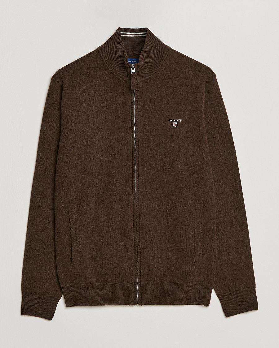 Mies | Puserot | GANT | Lambswool Full Zip Dark Brown Melange