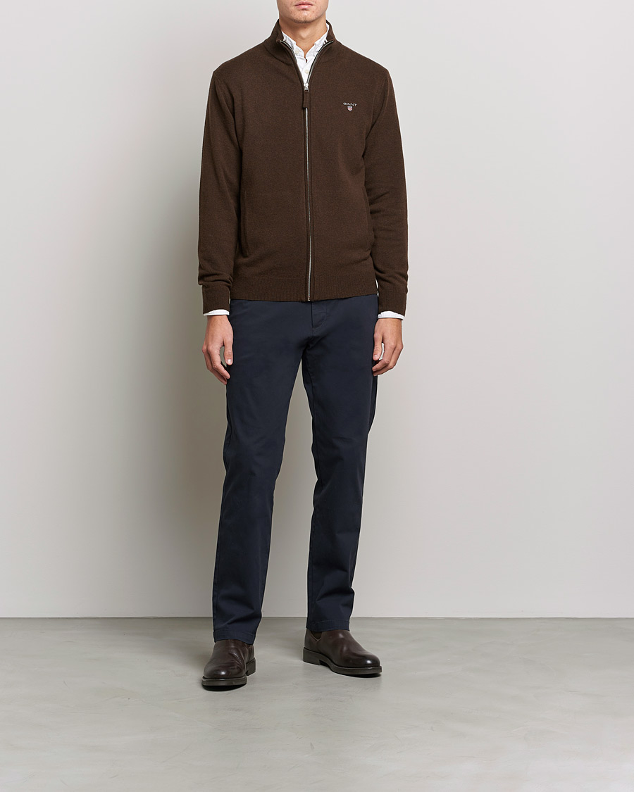Mies | Puserot | GANT | Lambswool Full Zip Dark Brown Melange