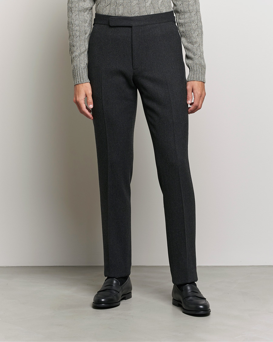Mies | Housut | Ralph Lauren Purple Label | Flat Front Flannel Trousers Dark Grey