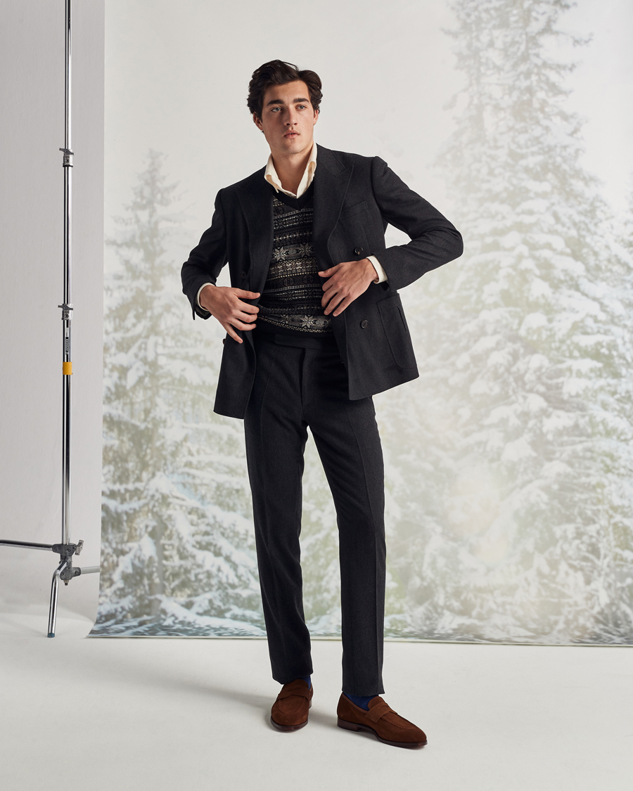 Mies | Housut | Ralph Lauren Purple Label | Flat Front Flannel Trousers Dark Grey