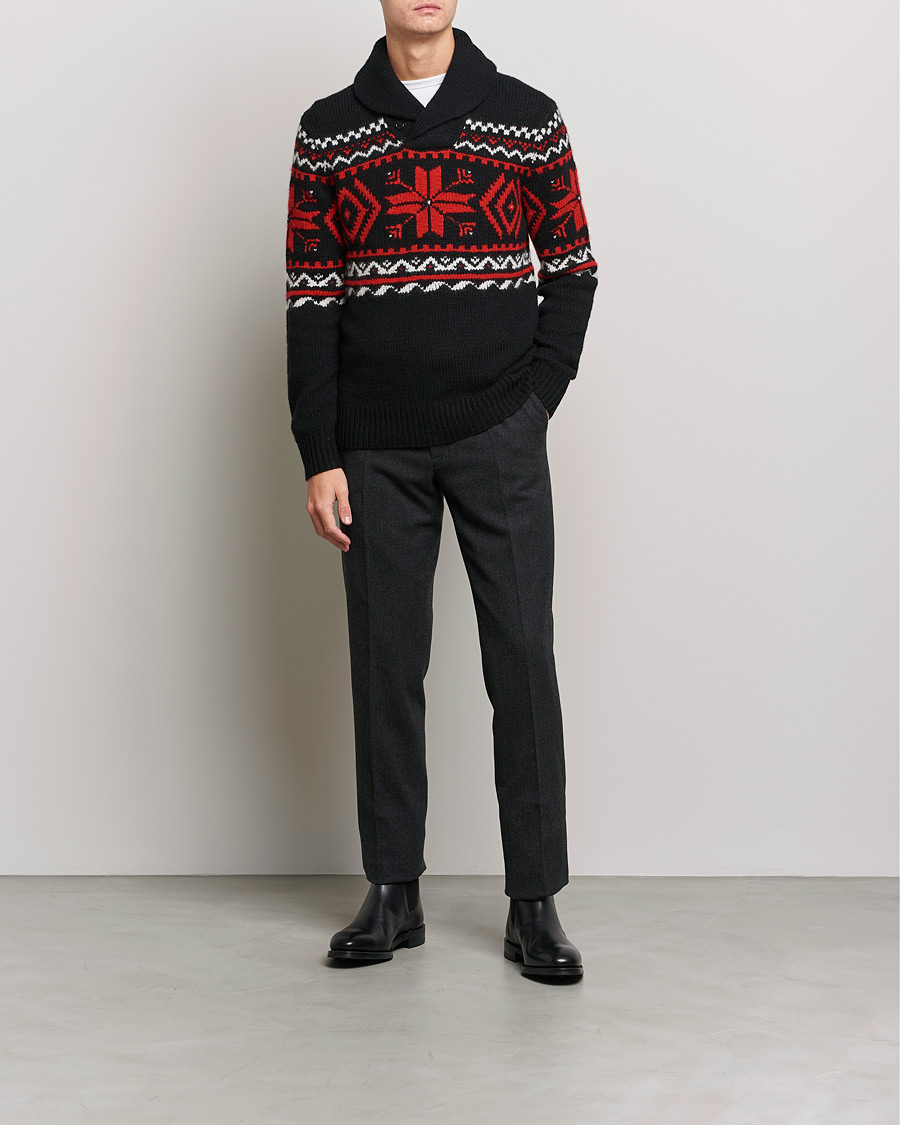 Mies | Puserot | Ralph Lauren Purple Label | Cashmere Jacquard Shawl Sweater Black/Red