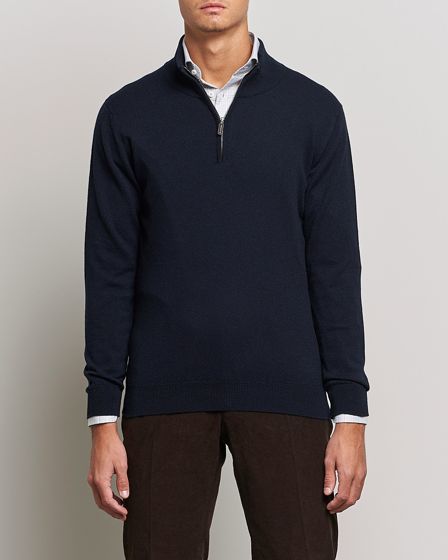 Mies | Puserot | Johnstons of Elgin | 2-Ply Cashmer Half Zip Dark Navy