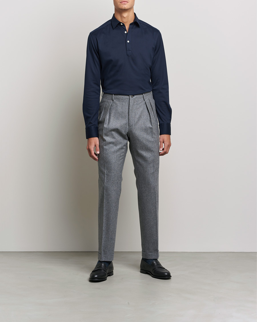 Mies | Pikeet | Eton | Slim Fit Cotton Piqué Popover Shirt  Navy