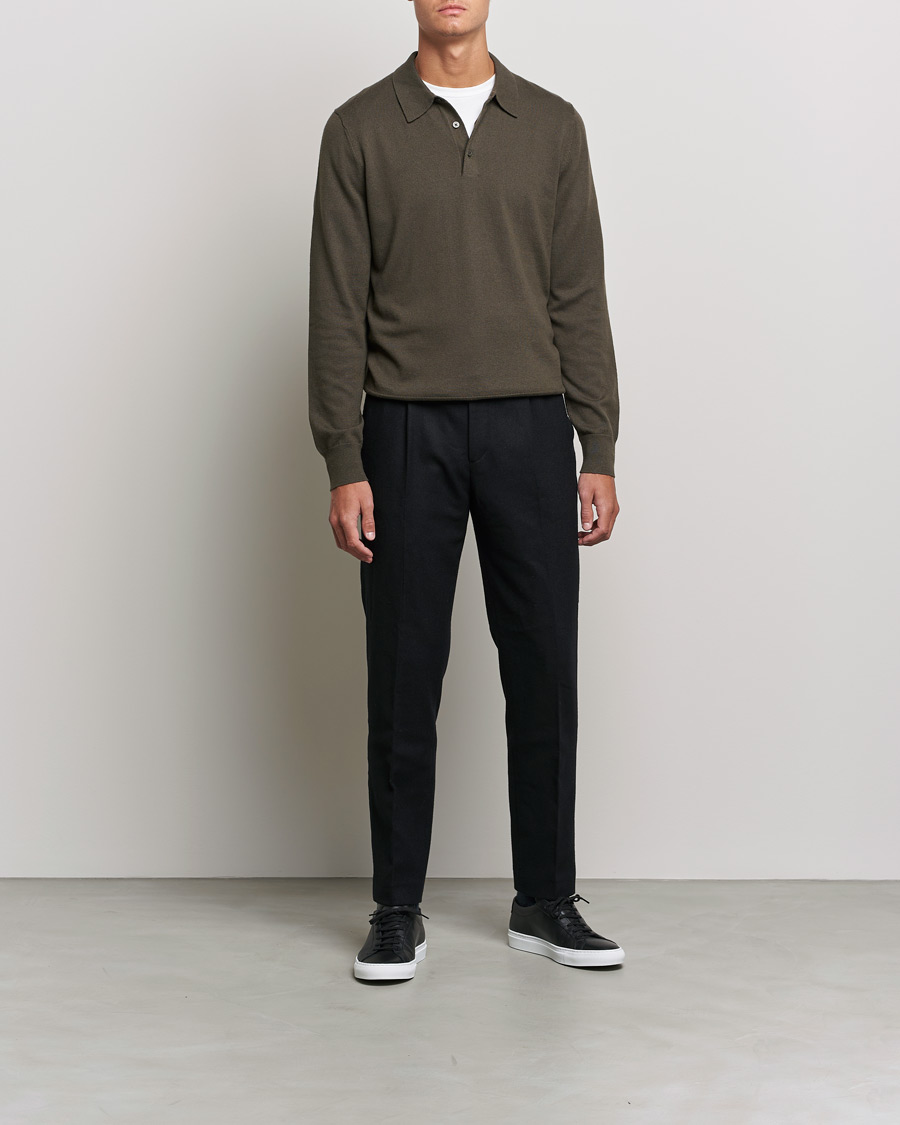 Mies | Puserot | Filippa K | Cotton Merino Knitted Poloshirt Dark Forest Green