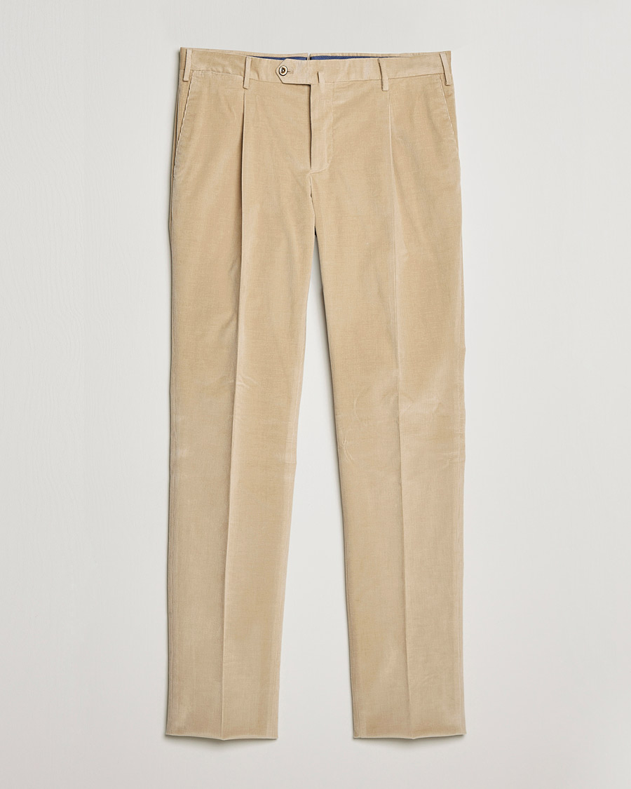 Mies | Housut | PT01 | Slim Fit Pleated Corduroy Trousers Light Beige