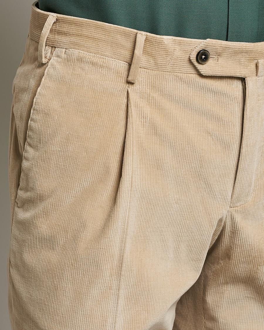 Mies | Housut | PT01 | Slim Fit Pleated Corduroy Trousers Light Beige