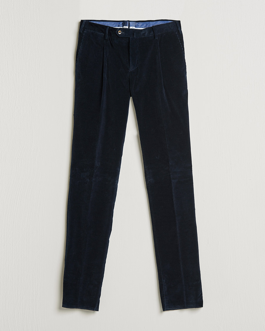 Miehet |  | PT01 | Slim Fit Pleated Corduroy Trousers Navy