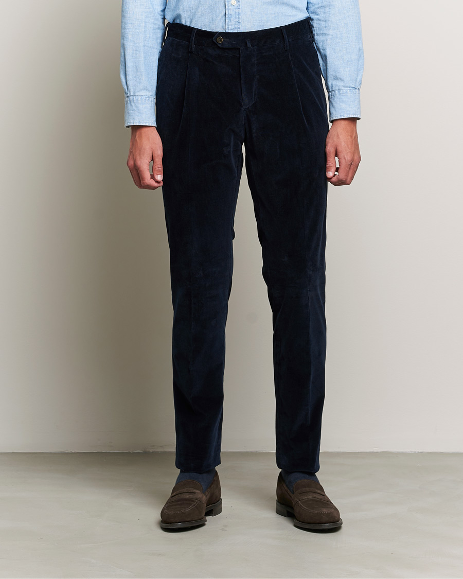 Mies | Quiet Luxury | PT01 | Slim Fit Pleated Corduroy Trousers Navy