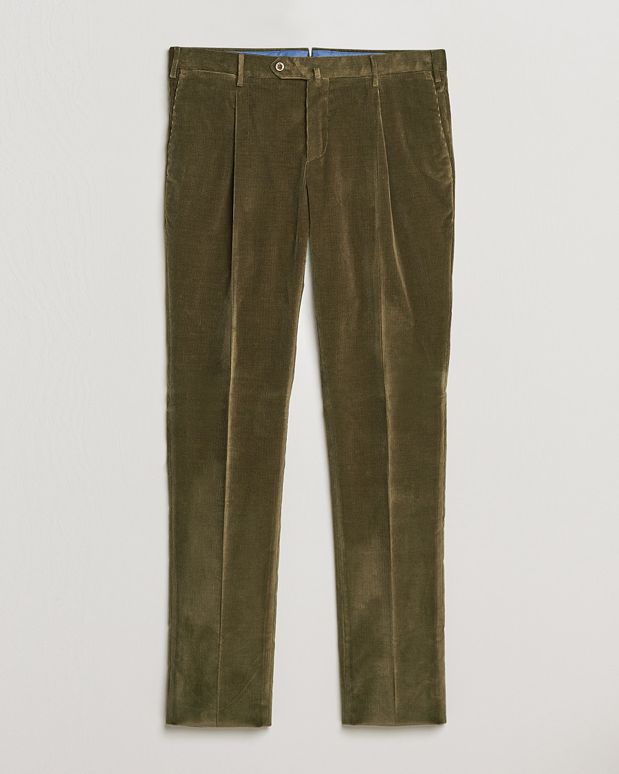 Mies | Housut | PT01 | Slim Fit Pleated Corduroy Trousers Forest Green