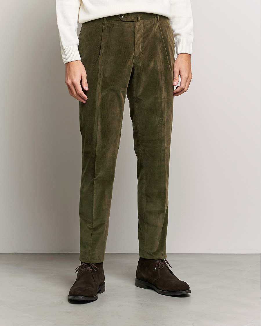 Mies | Housut | PT01 | Slim Fit Pleated Corduroy Trousers Forest Green
