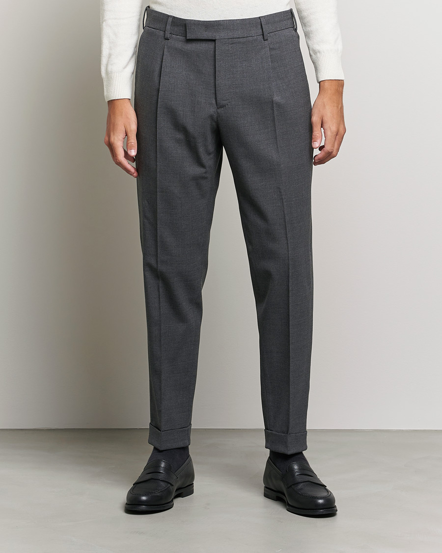 Mies |  | PT01 | Slim Fit Pleated Wool Trousers Dark Grey