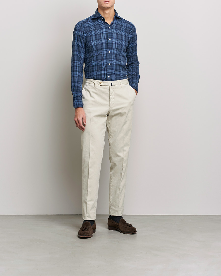 Mies | Kauluspaidat | Finamore Napoli | Tokyo Slim Light Flannel Shirt Navy Check