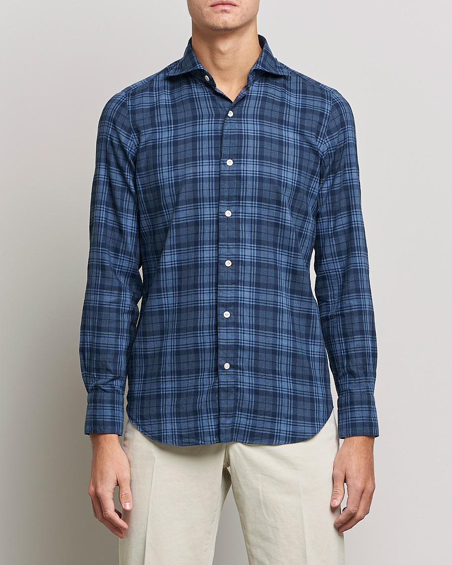 Mies | Kauluspaidat | Finamore Napoli | Tokyo Slim Light Flannel Shirt Navy Check