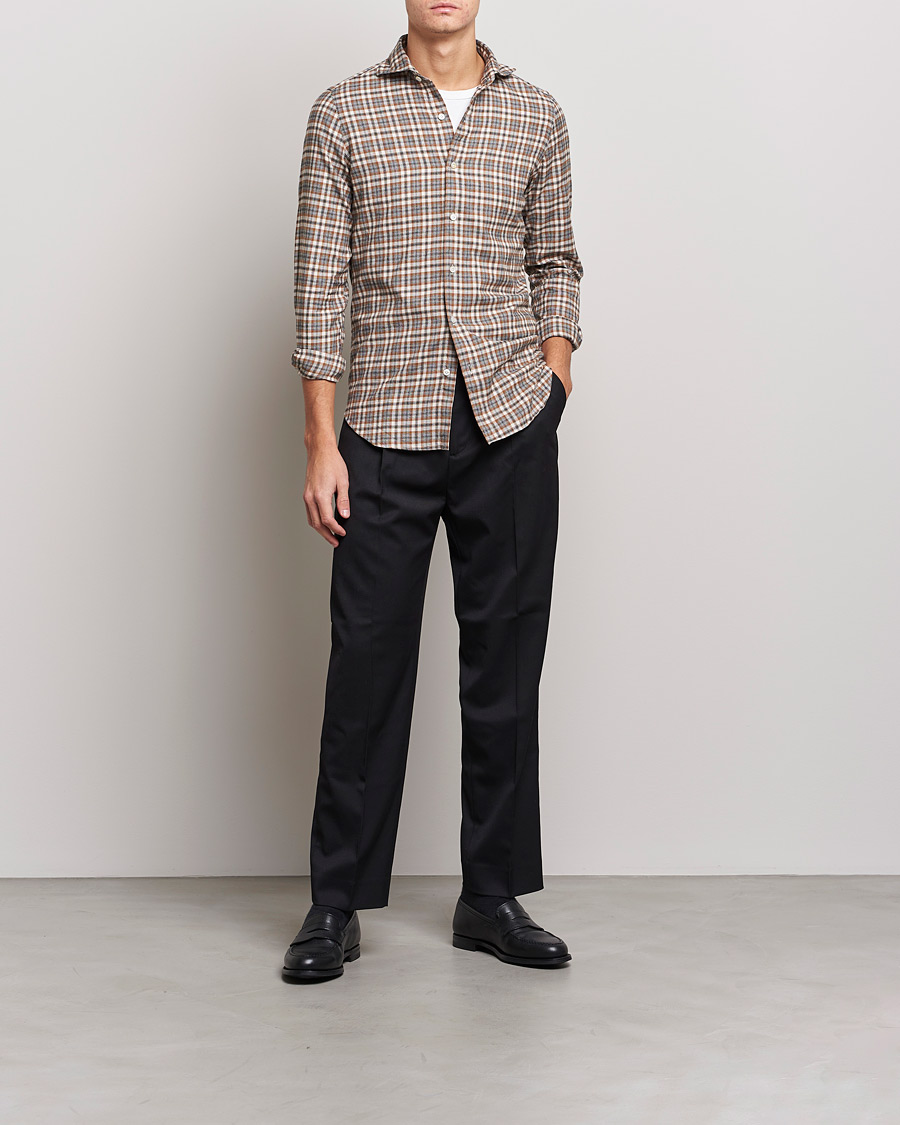 Mies | Kauluspaidat | Finamore Napoli | Tokyo Slim Light Flannel Shirt Brown Check
