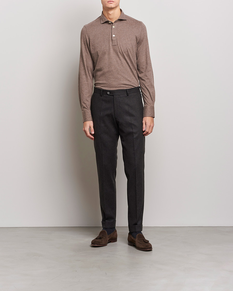 Mies | Puserot | Finamore Napoli | Orlando Cashmere Blend Long Sleeve Polo Brown