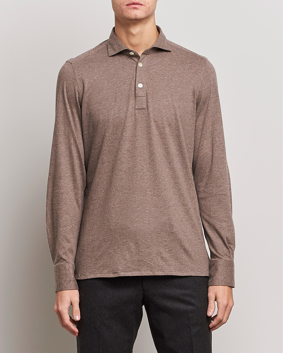 Mies | Puserot | Finamore Napoli | Orlando Cashmere Blend Long Sleeve Polo Brown