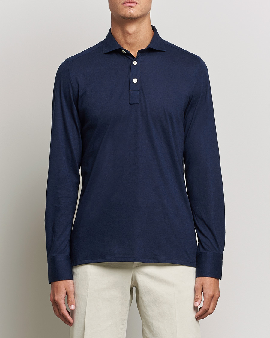 Mies | Puserot | Finamore Napoli | Orlando Cashmere Blend Long Sleeve Polo Navy