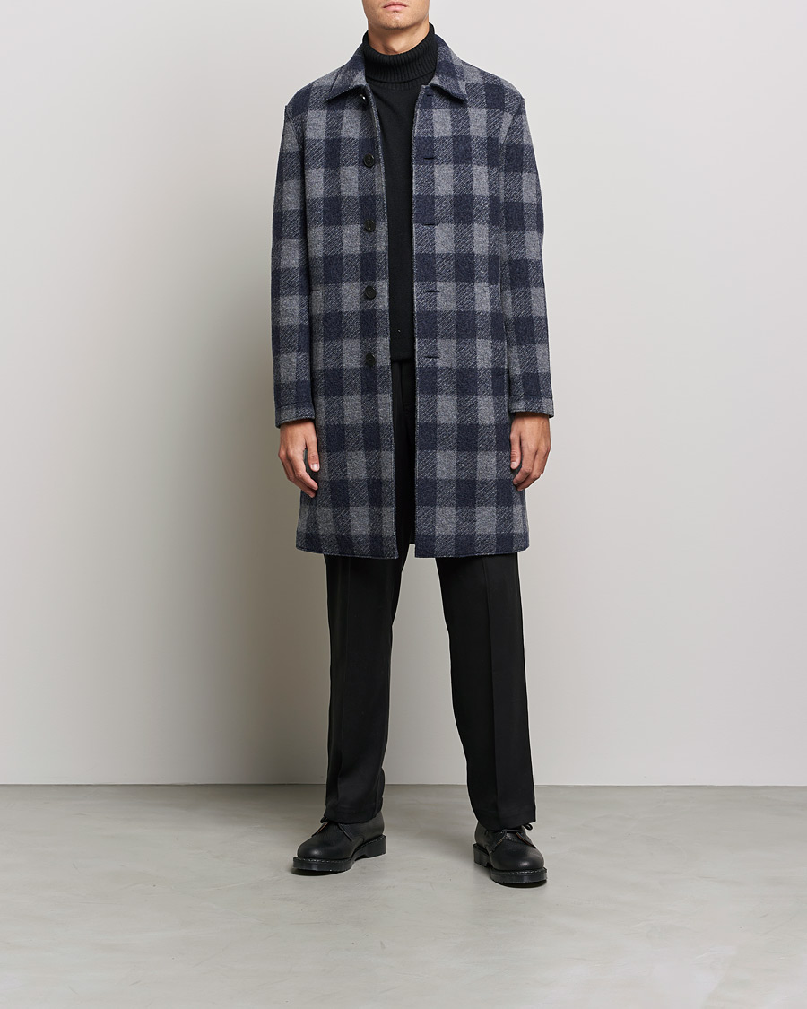 Mies | Takit | Harris Wharf London | Vichy Fleece Lined Mac Coat Blue/Grey
