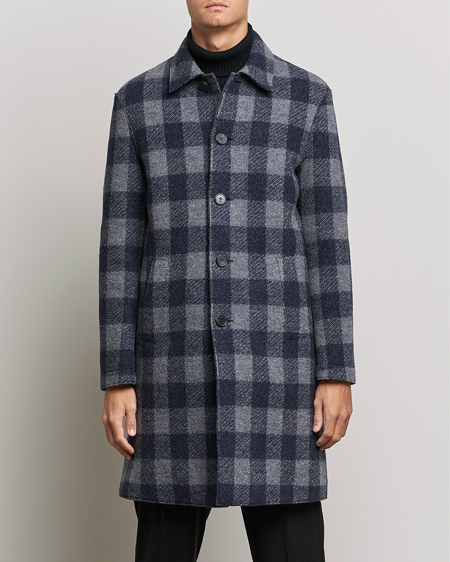 Mies | Takit | Harris Wharf London | Vichy Fleece Lined Mac Coat Blue/Grey