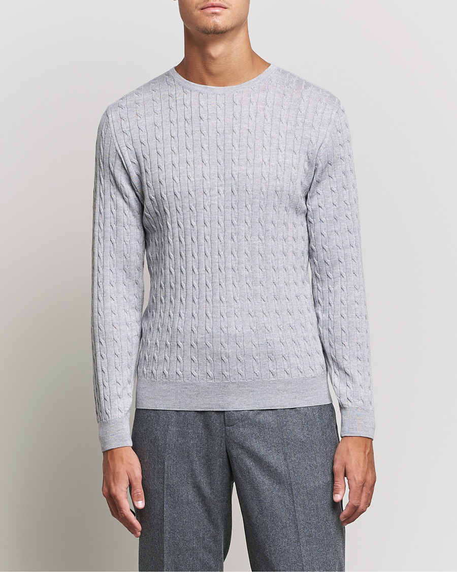 Mies | Puserot | Stenströms | Merino Cable Crew Neck Light Grey
