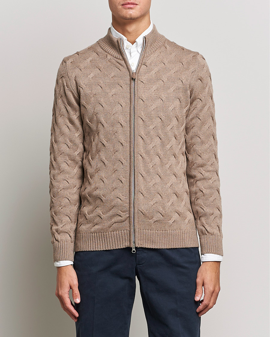 Mies |  | Stenströms | Heavy Cable Merino Full Zip Cardigan Camel