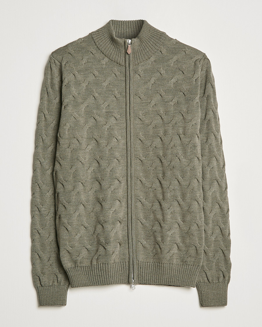 Mies | Puserot | Stenströms | Heavy Cable Merino Full Zip Cardigan Olive