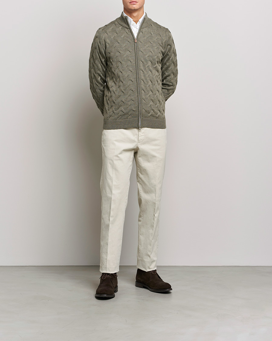 Mies | Puserot | Stenströms | Heavy Cable Merino Full Zip Cardigan Olive