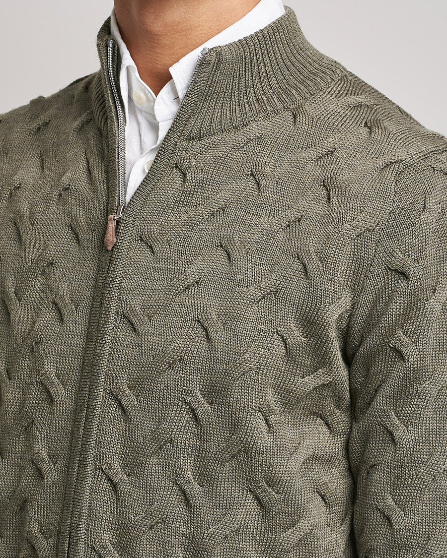 Mies | Puserot | Stenströms | Heavy Cable Merino Full Zip Cardigan Olive