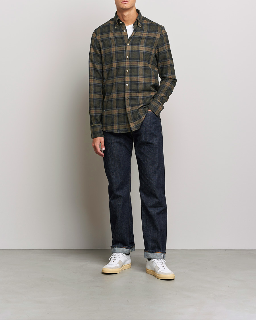 Mies | Kauluspaidat | Stenströms | Slimline Checked Flannel Shirt Dark Green