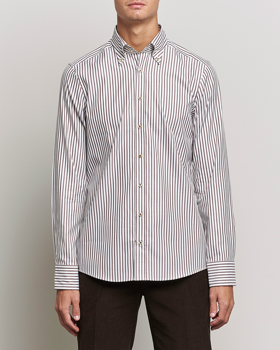Mies |  | Stenströms | Slimline Striped Pinpoint Oxford Shirt Brown