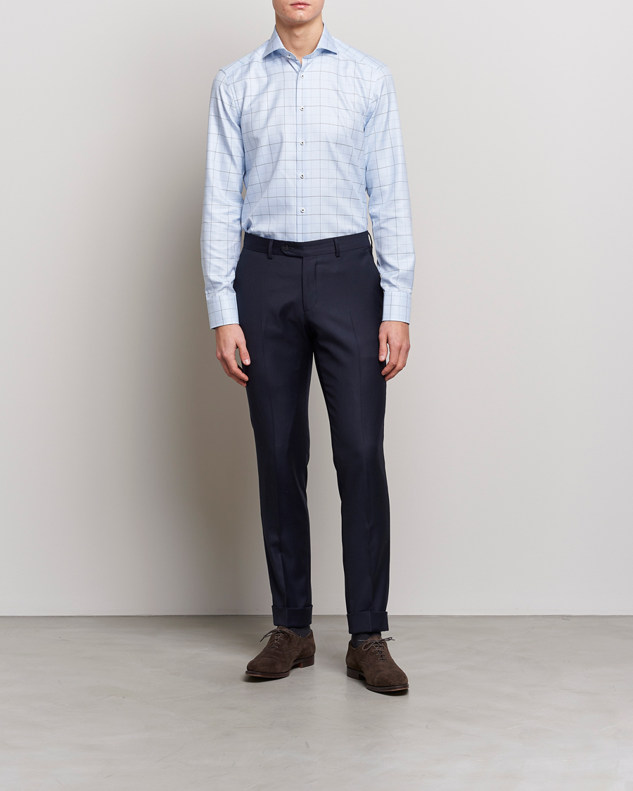 Mies | Kauluspaidat | Stenströms | Slimline Cut Away Windowpane Shirt Blue