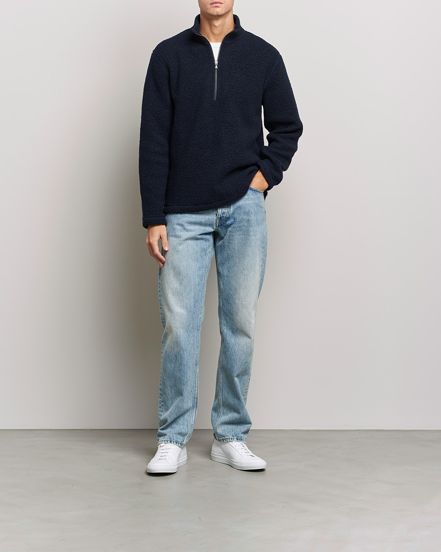 Mies | Puserot | Sunspel | Eco Wool Half Zip Fleece Navy