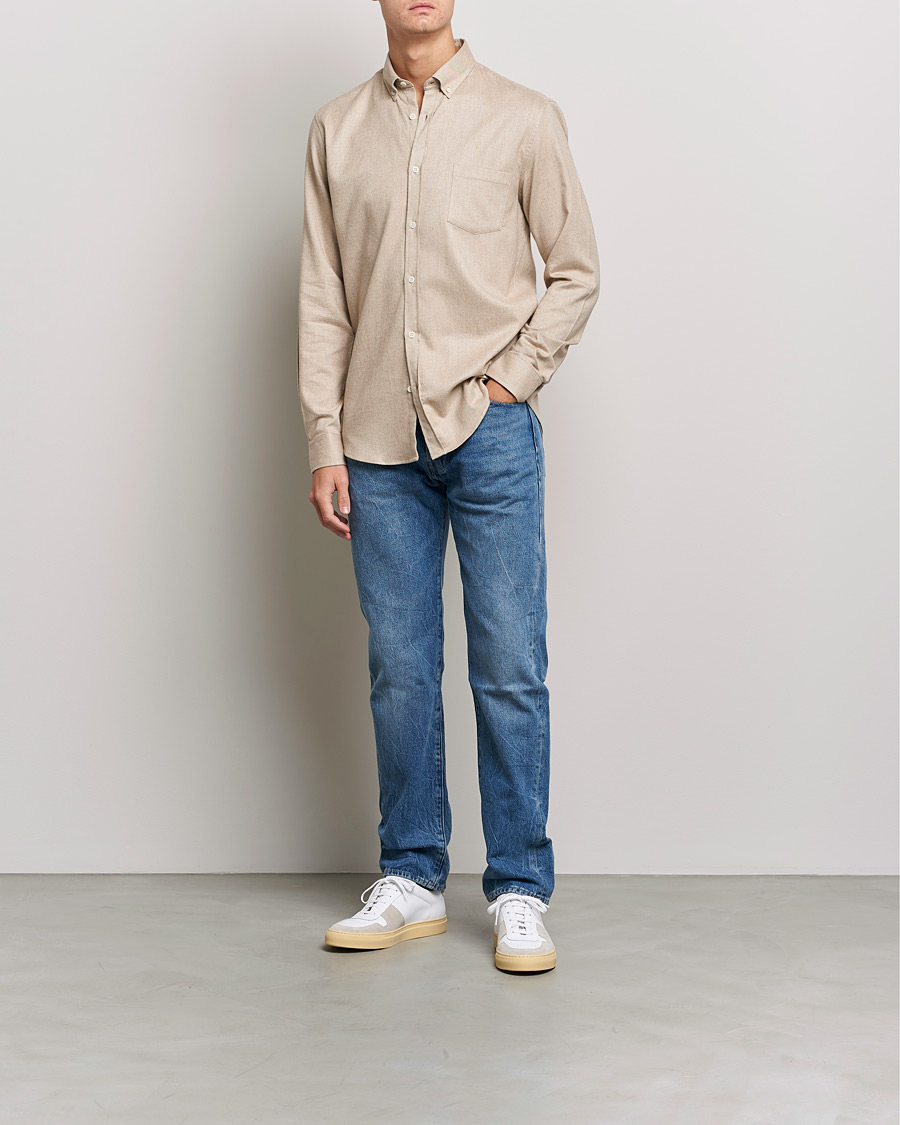 Mies | Kauluspaidat | Sunspel | Brushed Cotton Flannel Shirt Oatmeal Melange